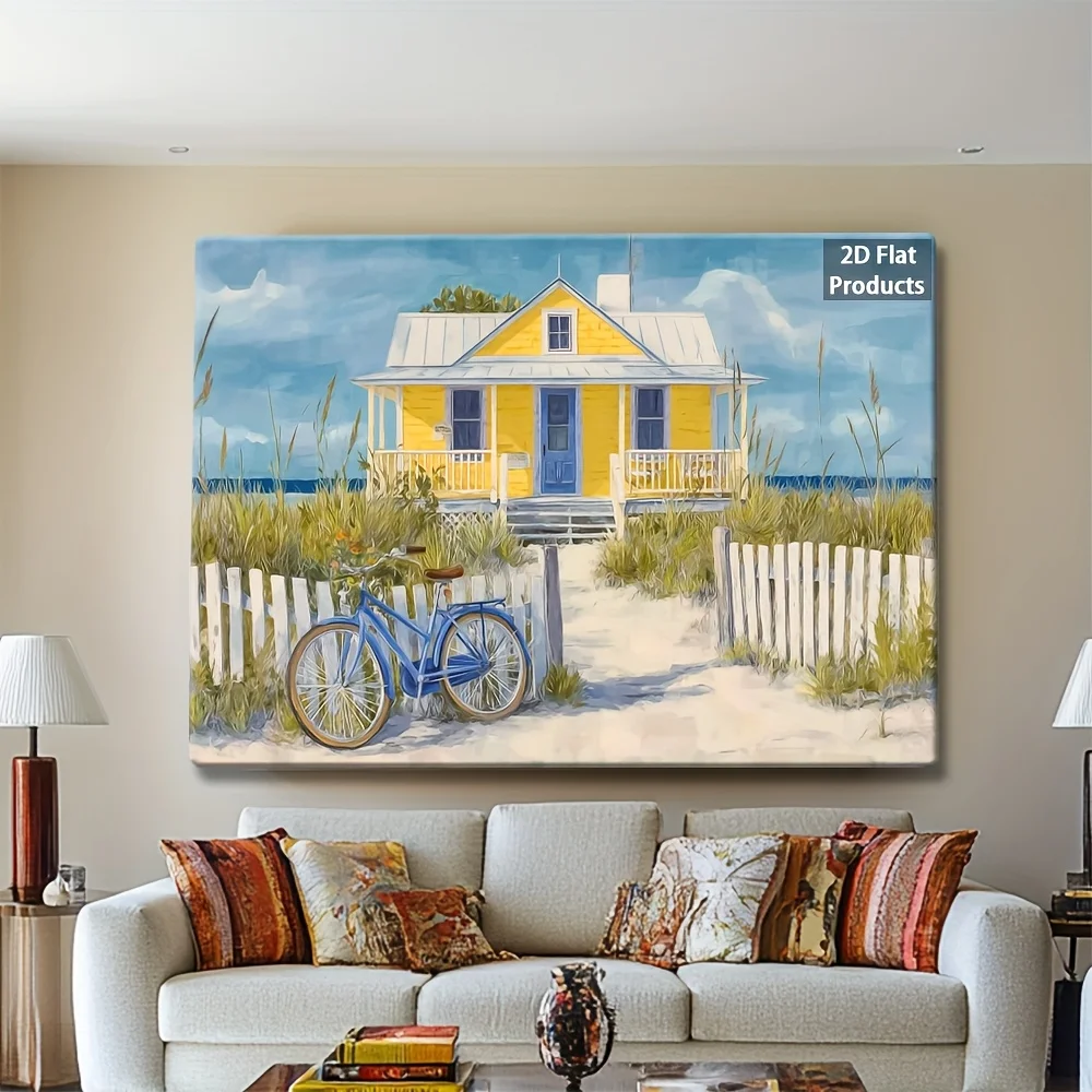 (No frame)2D Flat, 2d Flat The Frameless Decorative Painting<Yellow Seaside Villa with White Studded Fence> Is a Modern