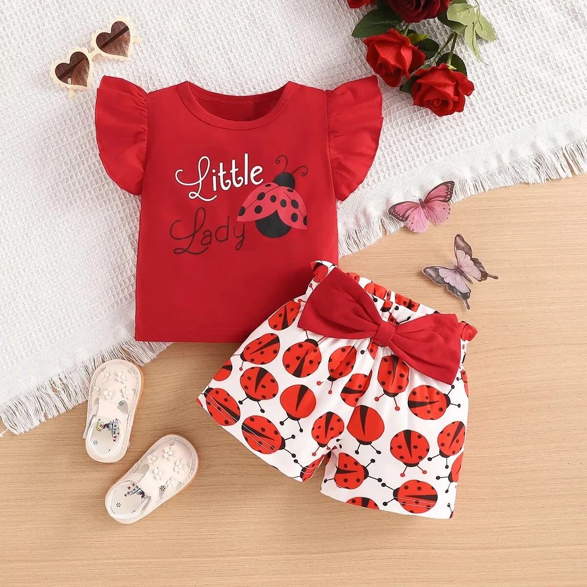 Summer Adorable 2Pcs Ladybug Outfit Set for Baby Girls Sleeveless T-shirt +Causal Shorts Infant Newborn Fashion Clothes