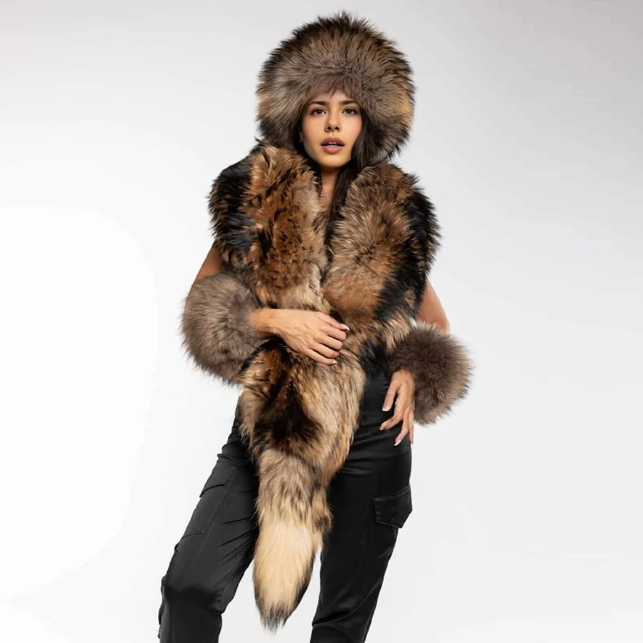 

Длинный боа из меха енота с хвостом, натуральный боа из полной кожи для женщин, пушистая и мягкая шаль, роскошные новые поступления, шарф из натурального меха