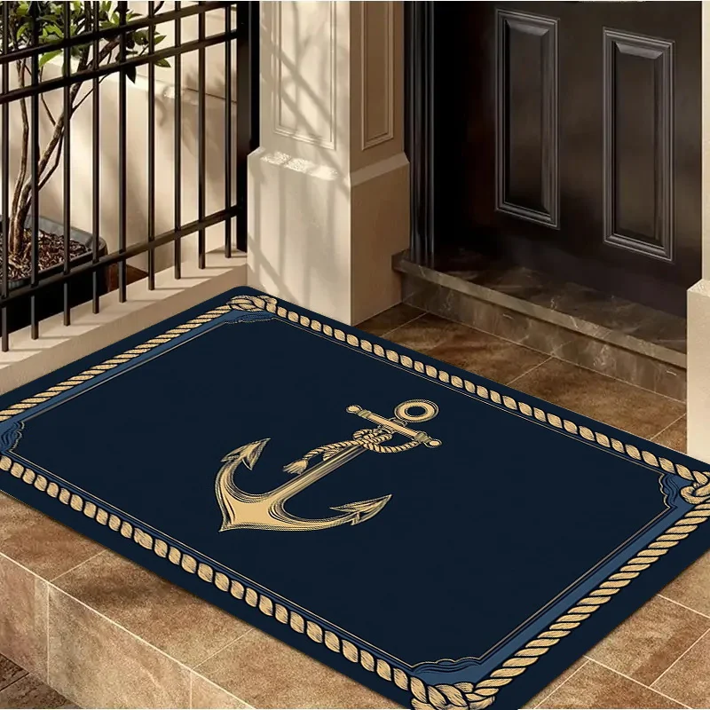1 Naval Anchor Head Door Mat - Flannel Non Slip Entrance Mat, Machine Washable for Indoor and Outdoor Use, Rustic Style Welcome Mat, Front Door Mat, Exquisite Border, Flannel Surface, Courtyard Decoration, Coastal Style, Home Decor