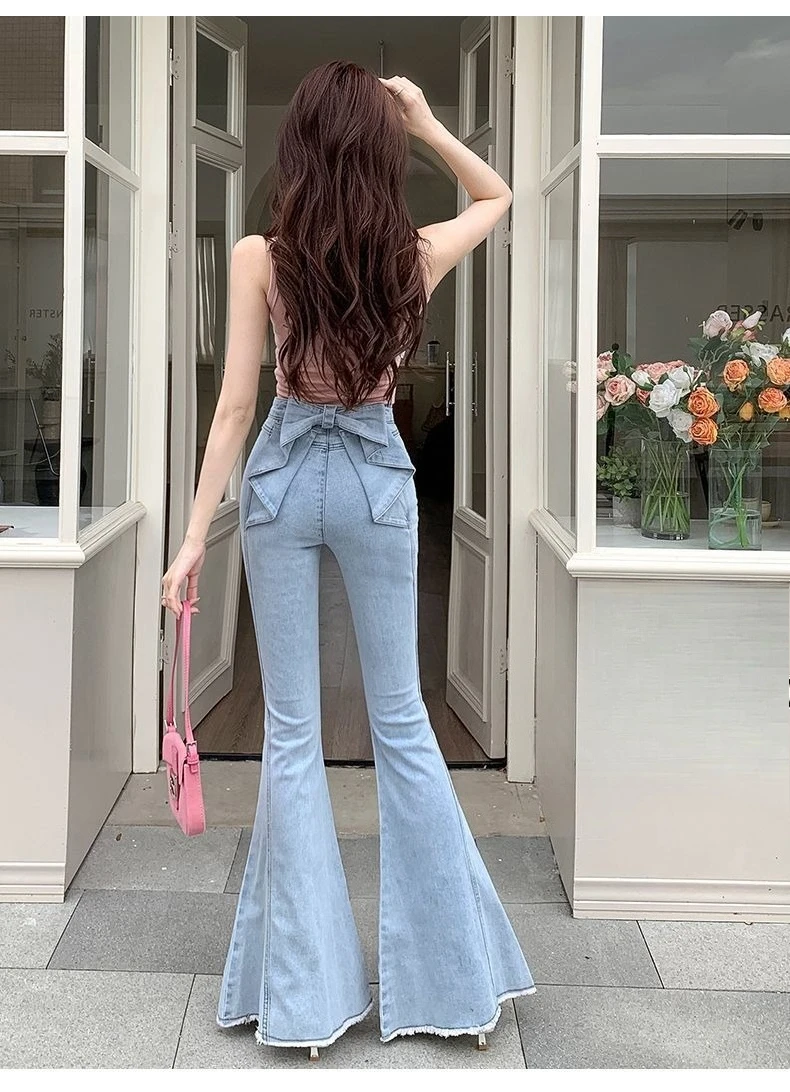 Bow Tie Jeans Women's American Vintage Three-dimensional Micro-large Summer Thin Pants New High-waisted Skinny Hip Flare Pants