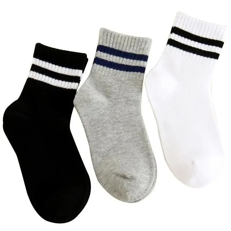 5 Pairs/ Lot Spring Autumn Striped Black White Gray College Style Striped Mid-calf Child\'s School Socks for Kids Girls and Boys