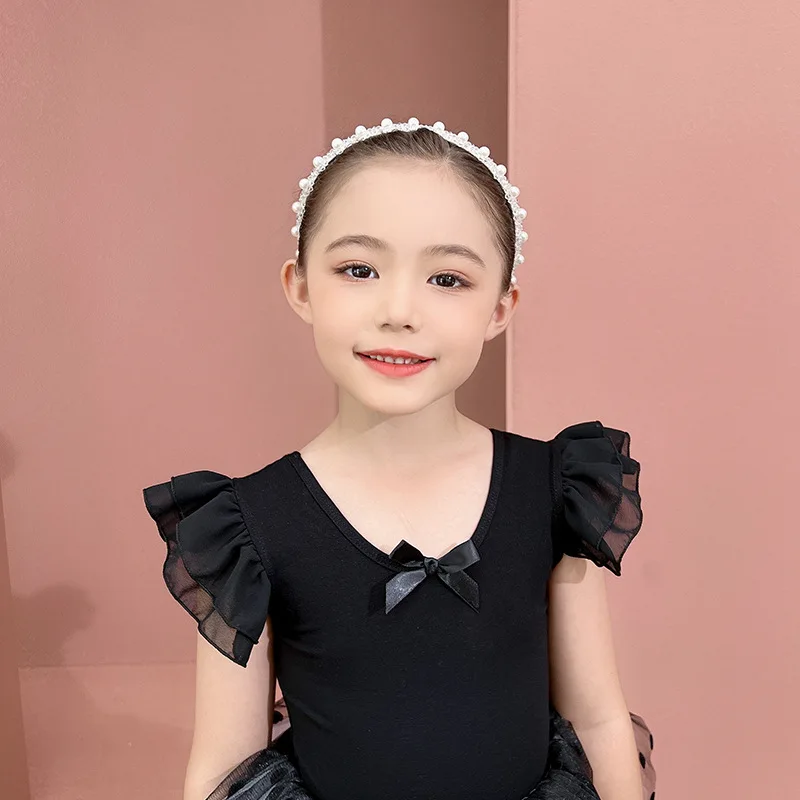 Gaun Tari Balet Lengan Ruffle Anak Perempuan Rok Tutu Model Leotard Silang Pita Belakang Titik Tulle Berbulu Pakaian Dansa Putri Korea Skate