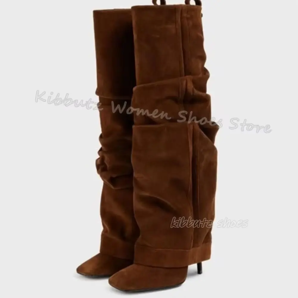

Suede Turned-Over Edge Boots Knee High Solid Color Slip-On Fashion Concise Sexy Elegant Women Shoes Newest Square Toe Thin Heels