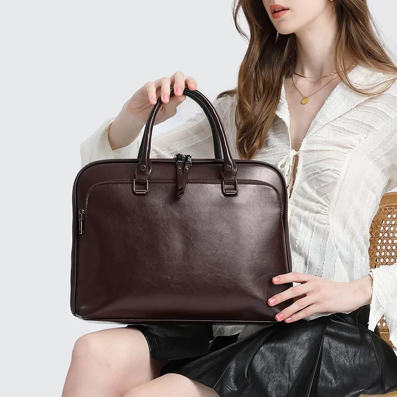 

2024 Women's Briefcase with Large Capacity Cowhide Leather and Simple Design, Perfect for Commuting and Business Trips