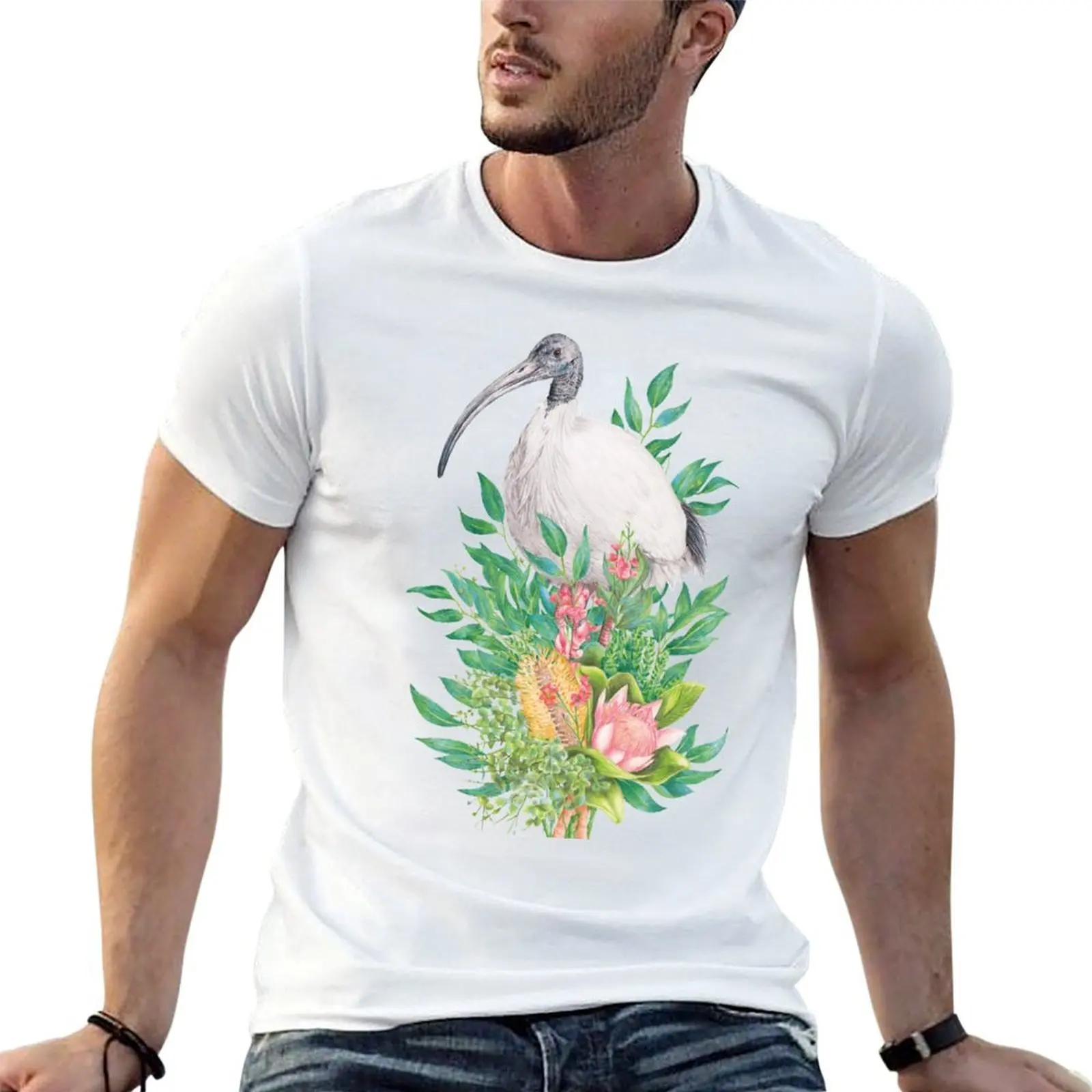 Bin Chicken/Australian White Ibis || Floral Birds T-Shirt cotton t shirt man t shirt man cotton T-Shirt