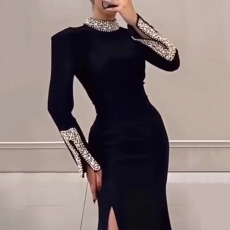 Luxury Elegant Slim Rhinestone Evening Dress 2025 New Women\'s Temperament Split Long Robe Sexy Bodycon Long Sleeve Banquet Dress