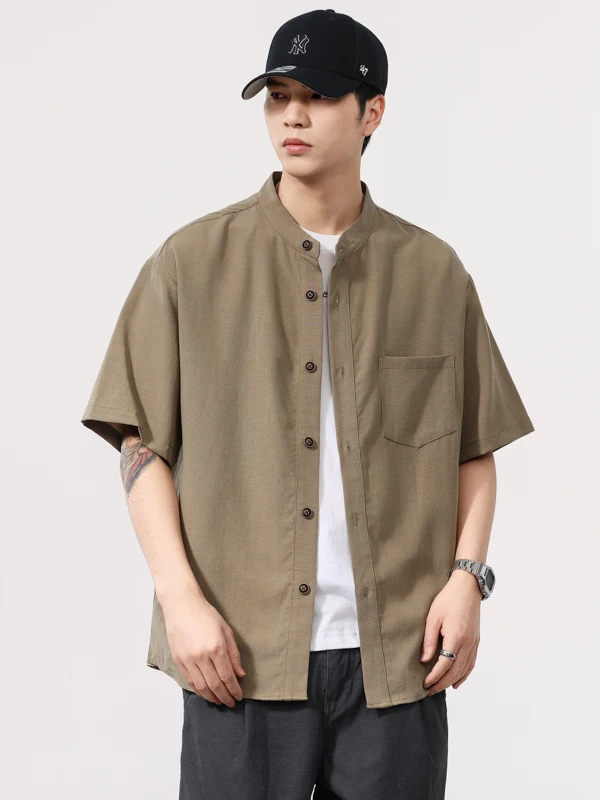 

American Retro Lyocell Cool Sensation Men's Summer Loose Henry Collar Casual Workwear ort Sve irt Trendy Breathable