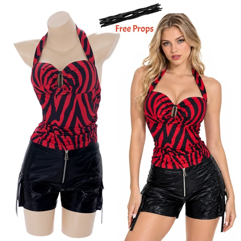 Cosplay Costume Obsession Nikki Women Role Play Halloween Party Horror Movie Zebra Halter Top Faux Leather Shorts