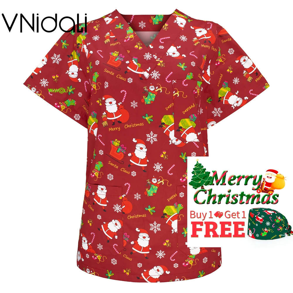 Medical Women Scrub tops Chrismas Cartoon Print Casual Short Sleeve Ladies Scrubs Uniforms Nurse V-neck Pocket Tops Blouse