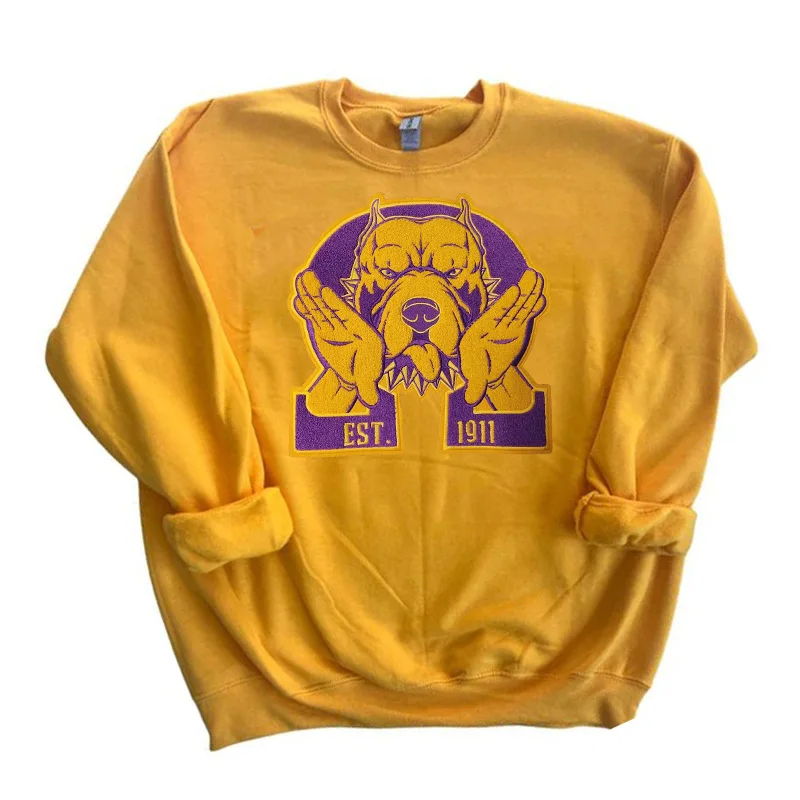 11\'\' Omega Psi Phi Fraternity Men of Greek 1911 Gold and Purple Chenille Bulldog Iron on Patch for Jacket