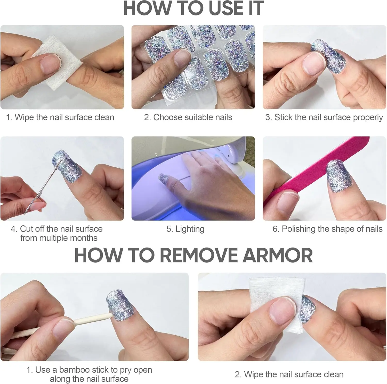 16/22 Półutwardzone naklejki na paznokcie w stylu francuskim, złoto-srebrne, brokatowe, żelowe, trwałe, ekologiczne, do manicure, wymagają lampy UV, naklejki na paznokcie, naklejki na palce.