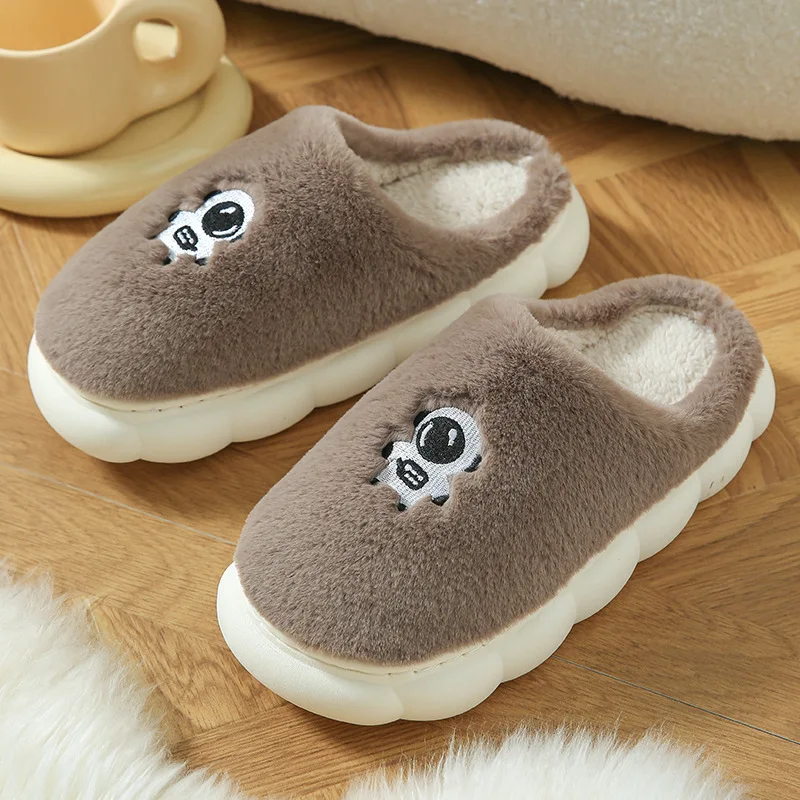 Cotton Slippers Women's Winter Indoor Non-slip Soft Sole Household Couple Cartoon Pattern Plush Shoes Winter Half Heel Shoes