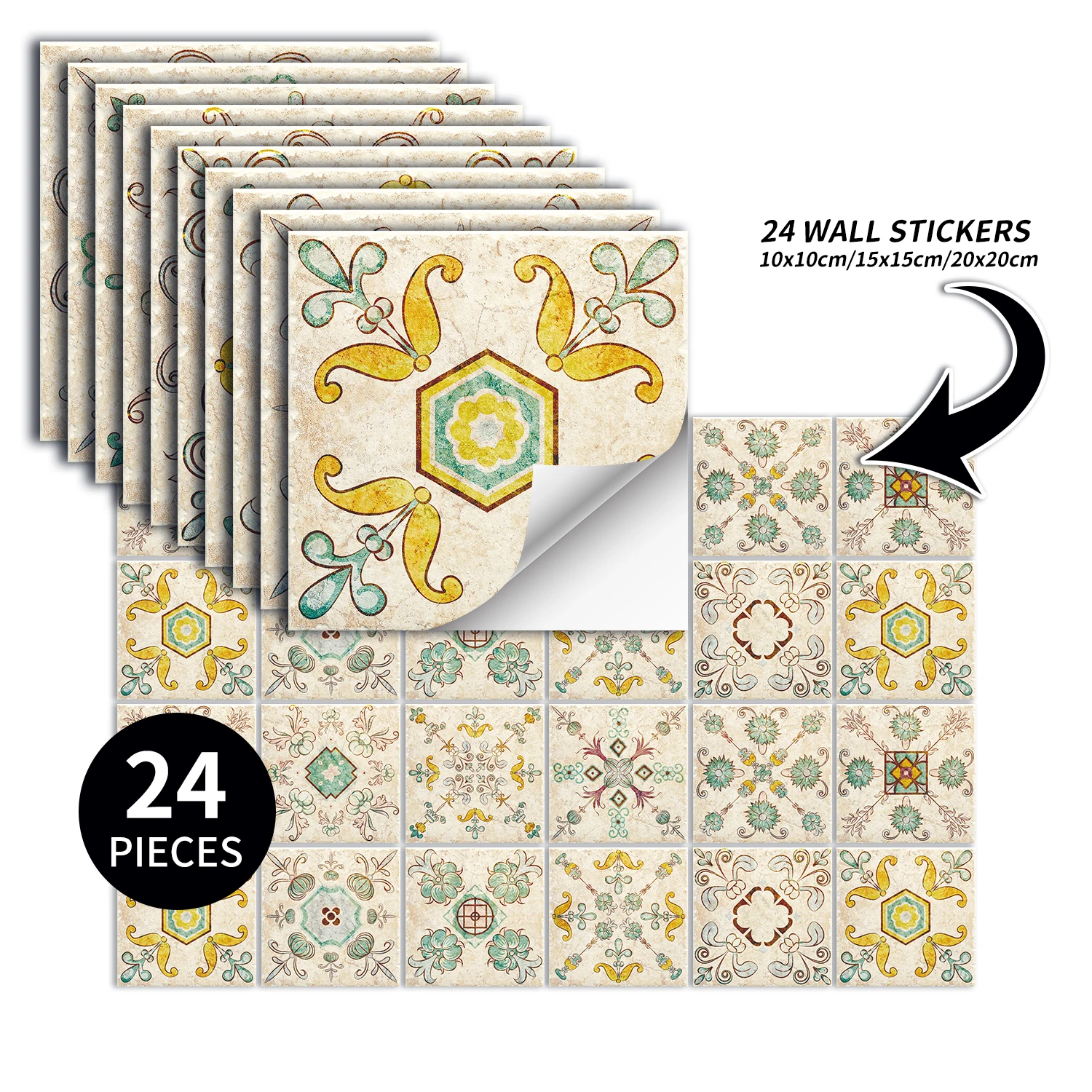 24 pcs/pack, Waterproof and Oil-proof, Easy To Clean, Simple Retro Pattern Self-adhesive PVC Tile Stickers