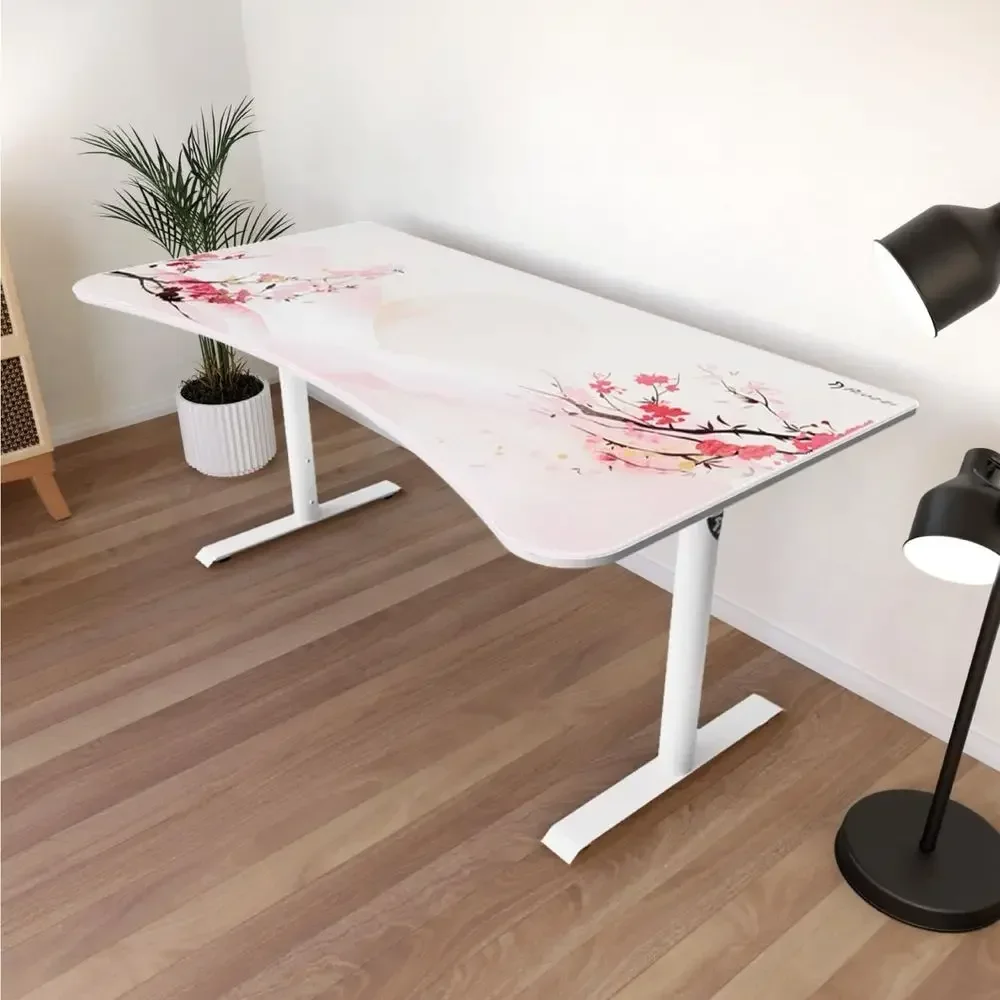 Curved Gaming and Office Desk with Full Surface Water-Resistant Mat, Custom Monitor Mount, and Cable Management Cutouts - Cherry