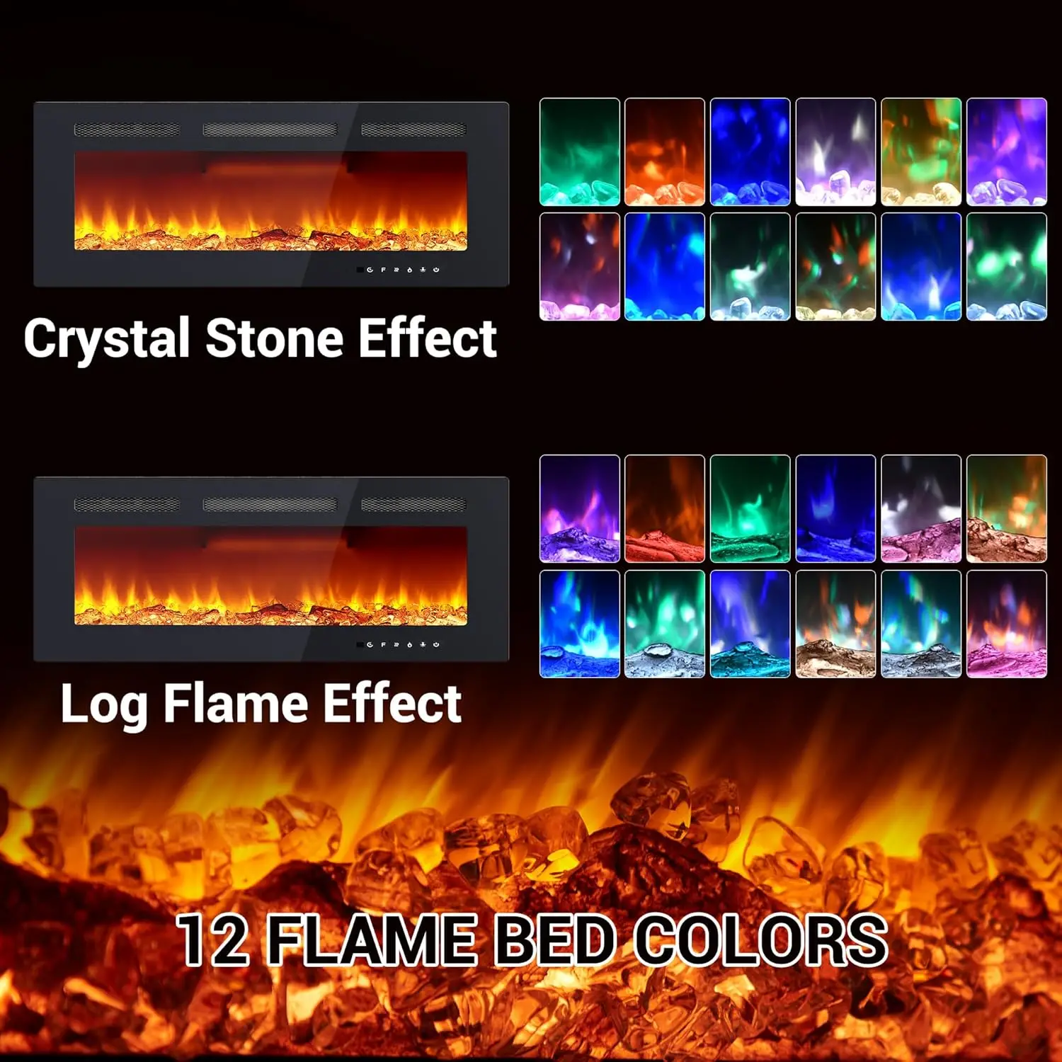 Electric Fireplace 40 in Recessed and Wall Mounted,The Thinnest Fireplace Low Noise,Touch Screen,Adjustable Flame Colors