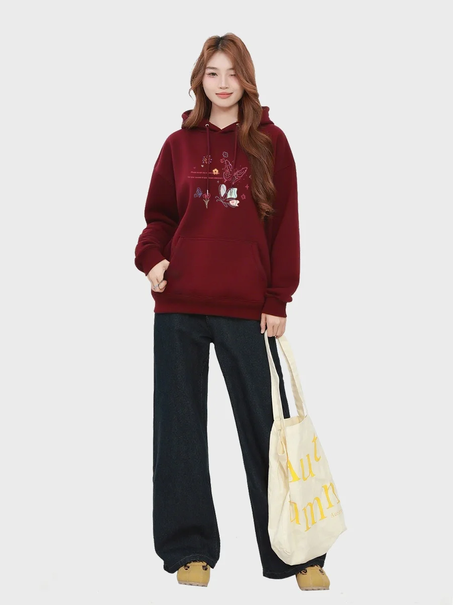 الرجعية الأمريكية النبيذ الأحمر هوديي المرأة طويلة Sve الحلو حار تصميم ربيع الخريف جديد Sle العصرية القطن Fce البلوز