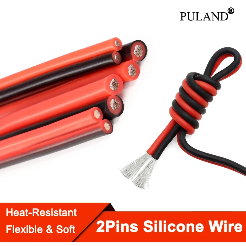 1 - 50m 2Pins Red Black Silicone Cable 30 28 26 24 22 20 18 16 14 12 10 08 AWG Super Soft High Temperature Resistant Copper Wire