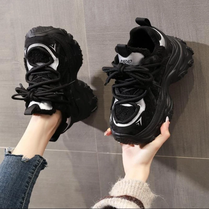 

2025 New 8cm Women Microfiber Leather Spring Autumn Chunky Sneakers Spring Platform Wedge Flats Vulcanize Ankle Booties Shoes