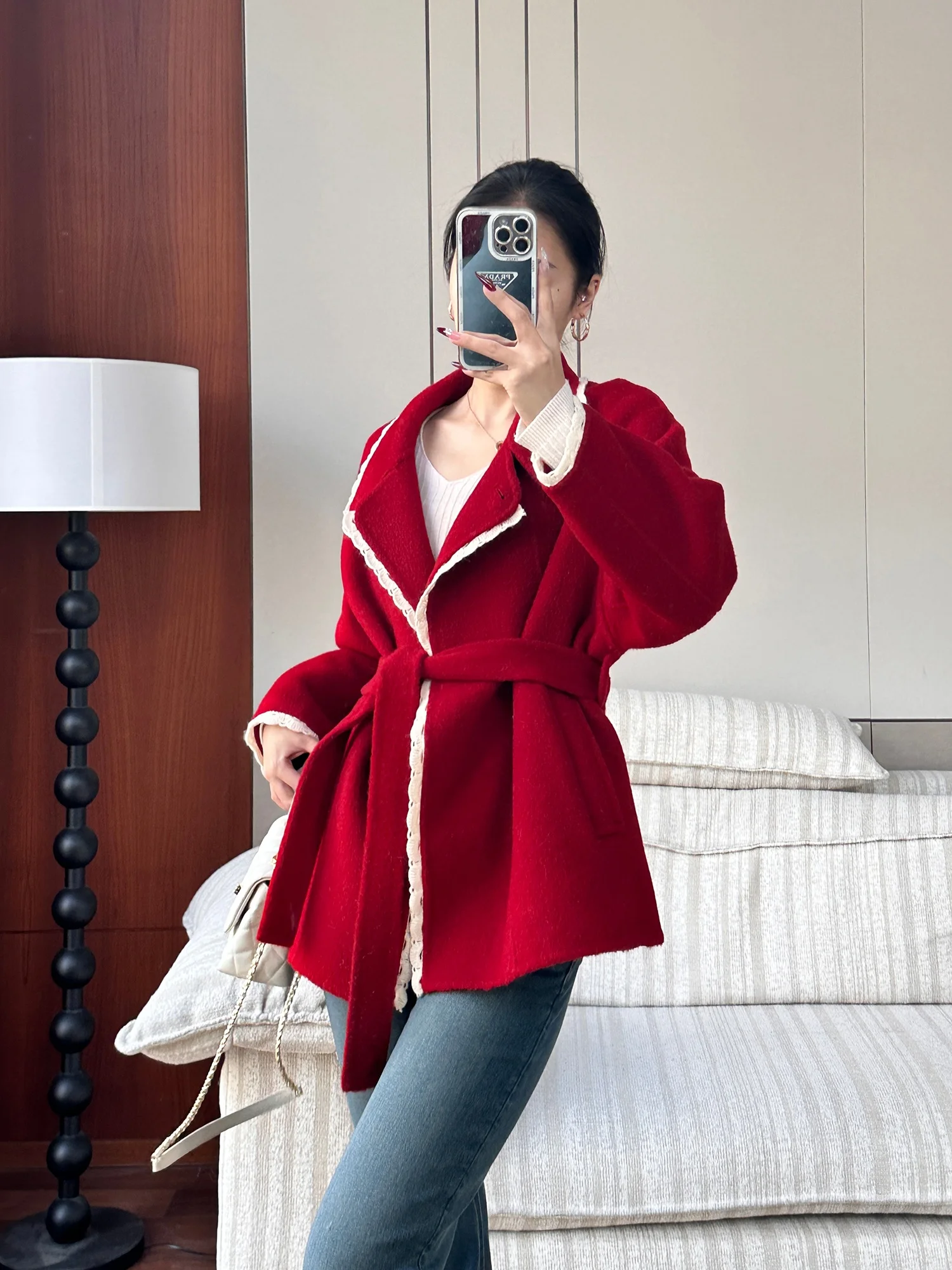 

Ele Red Double-Faced Merino Wool Coat by Old Yang ME Brand Casual Warm Thiened Outerwear for Women V-Ne Long Sve