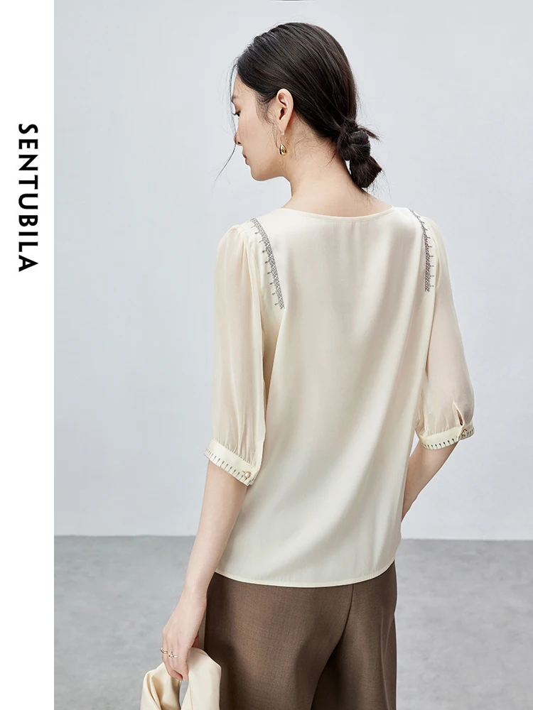 SENTUBILA Elegant Embroidery Blouse for Women 2024 Summer Straight Chiffon Half Sleeve Round Neck Simple Women Tops 142V55557