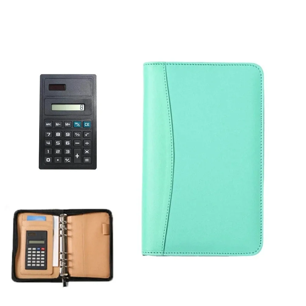 Memo Book 6-Ring File Folder A6 PU Leather Portfolio Binder Cover Card Holder with Calculator Loose Leaf Notebook Conference Use