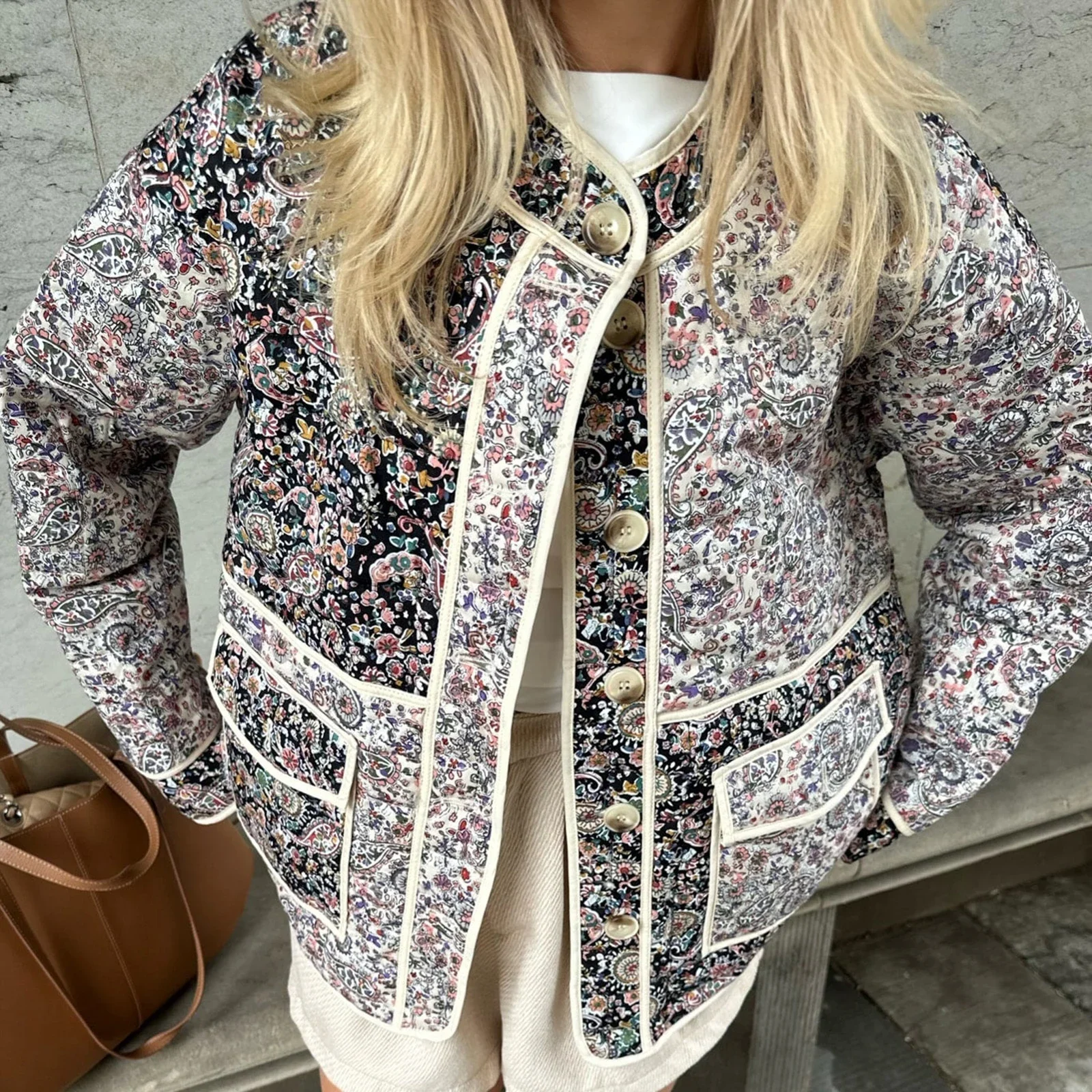 Women Winter Fall Quilted Jacket Lightweight Casual Floral Print Button Long Sleeves Cardigan for Outwear Y2K Vintage Streetwear