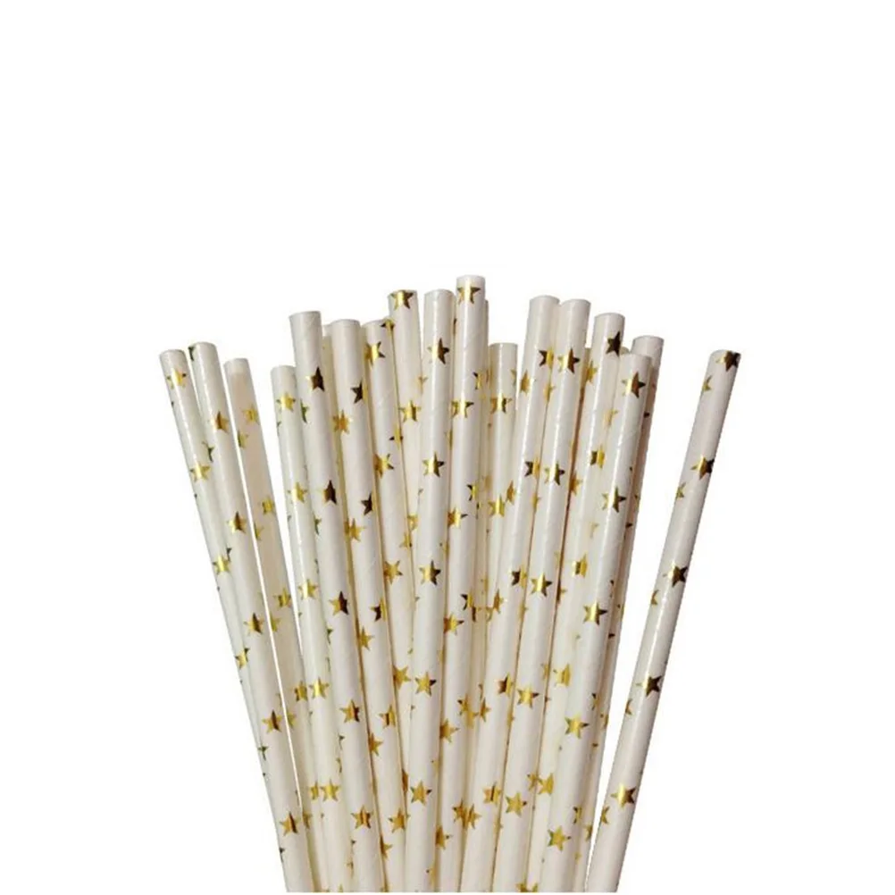 

100 pcs Colorful Gold Foil Paper Straws 4 Styles Star Dot Wave Pattern Biodegradable For Party Wedding Decoration Kitchen Bar