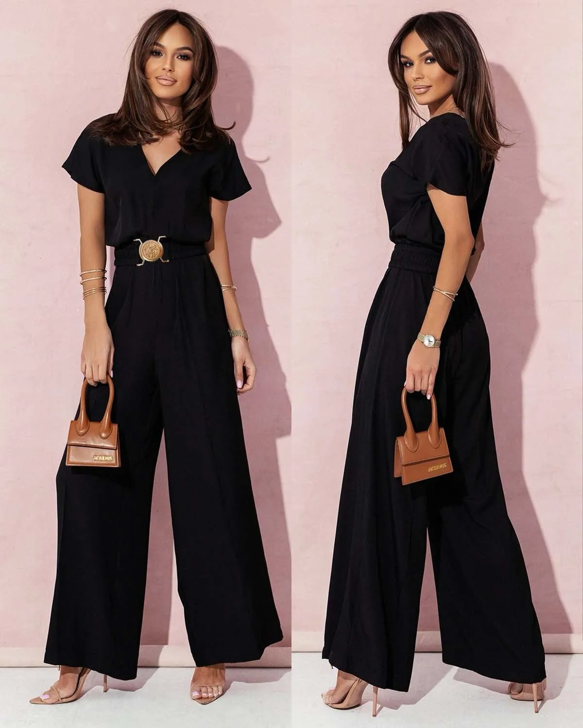 

Women's Jumpsuit Solid Color Short Sleeved V-neck Waist Cinched Pants Jumpsuit 2024 Summer New