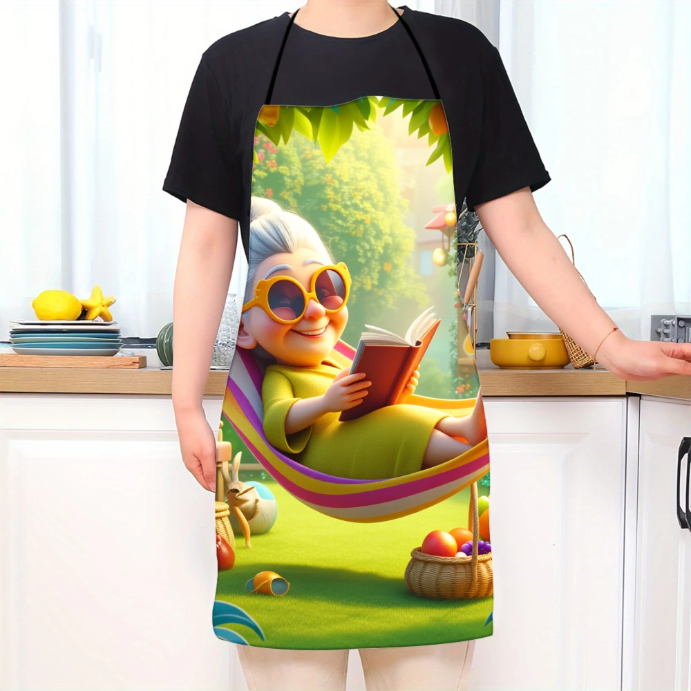 Grandma Reading In Hammock Garden Scene Apron For Cooking And Baking With Fun Cartoon Design