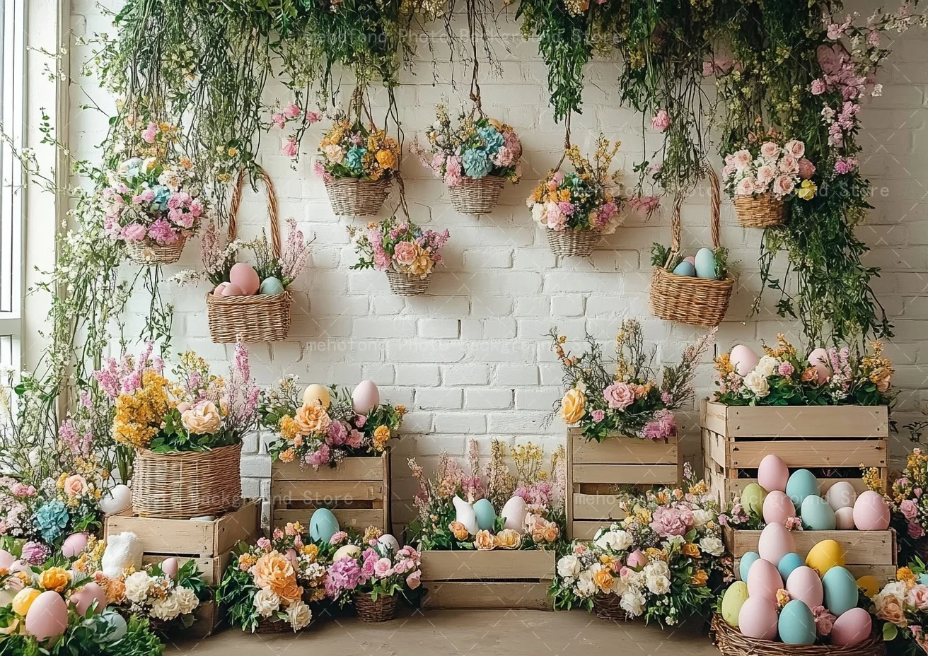 Mehofond Photography Background Spring Easter Colorful Egg Rabbit Flower Basket Wooden Box Kids Family Portrait Backdrop Decor