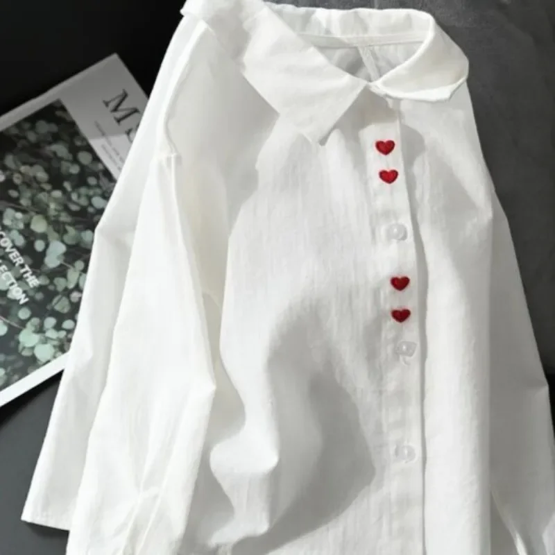 Girls' Cotton White Shirt with Sweet Embroidered Heart Long Sleeve Basic Layer for Spring Fall School Wear Kids Clothing