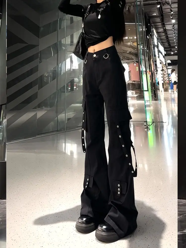 

American Vibe High Street Bell Bottoms Loose Straight Leg Black Workwear Jeans Trendy Brand Wide Pocket High Waist Denim Pants