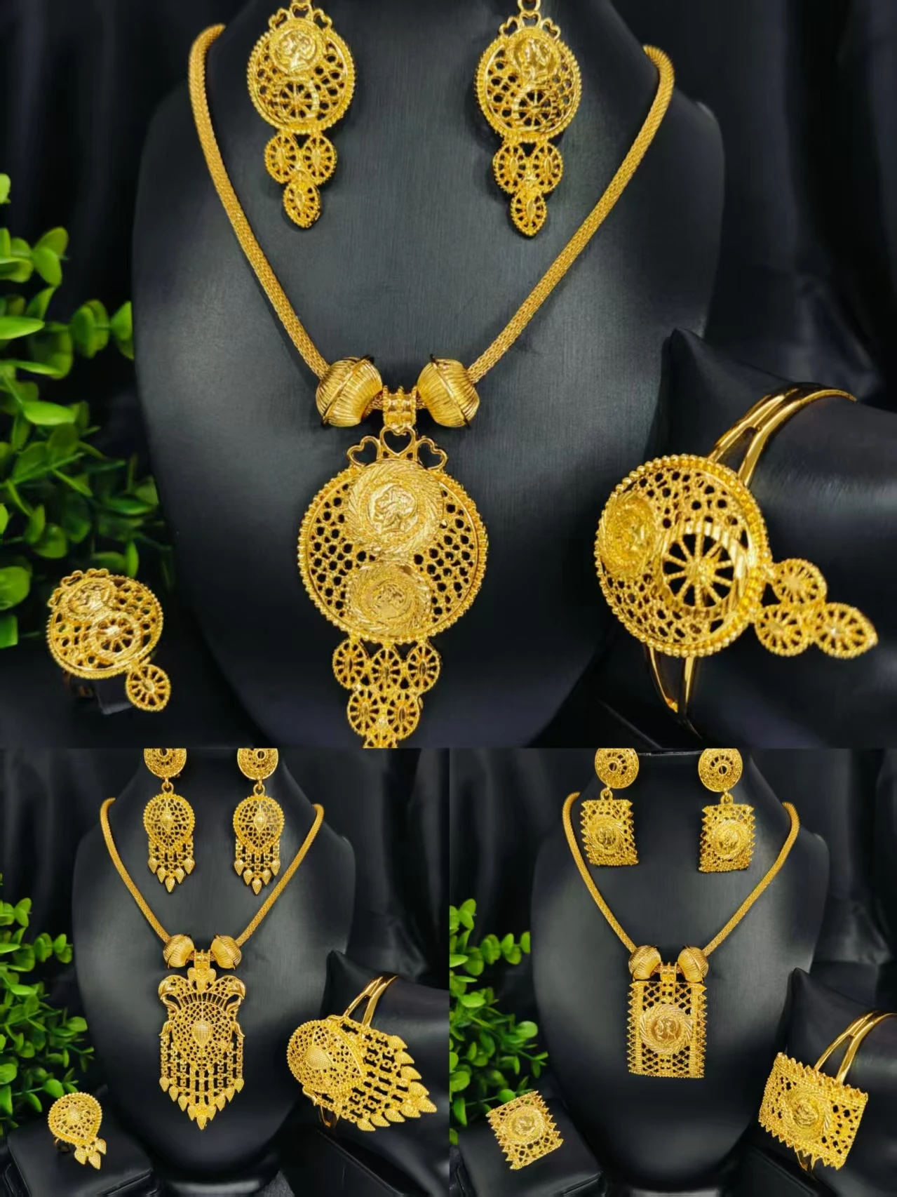

Gold Plated Jewelry Sets For Women Necklace Earrings Bracelet Ring Dubai African Indian Bridal Accessory