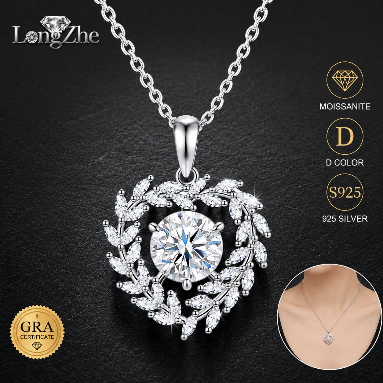 S925 Sterling Silver Moissanite Necklace 8mm Round Cut Heart Wreath Pendant for Women Anniversary Wedding Fine Jewelry Gift