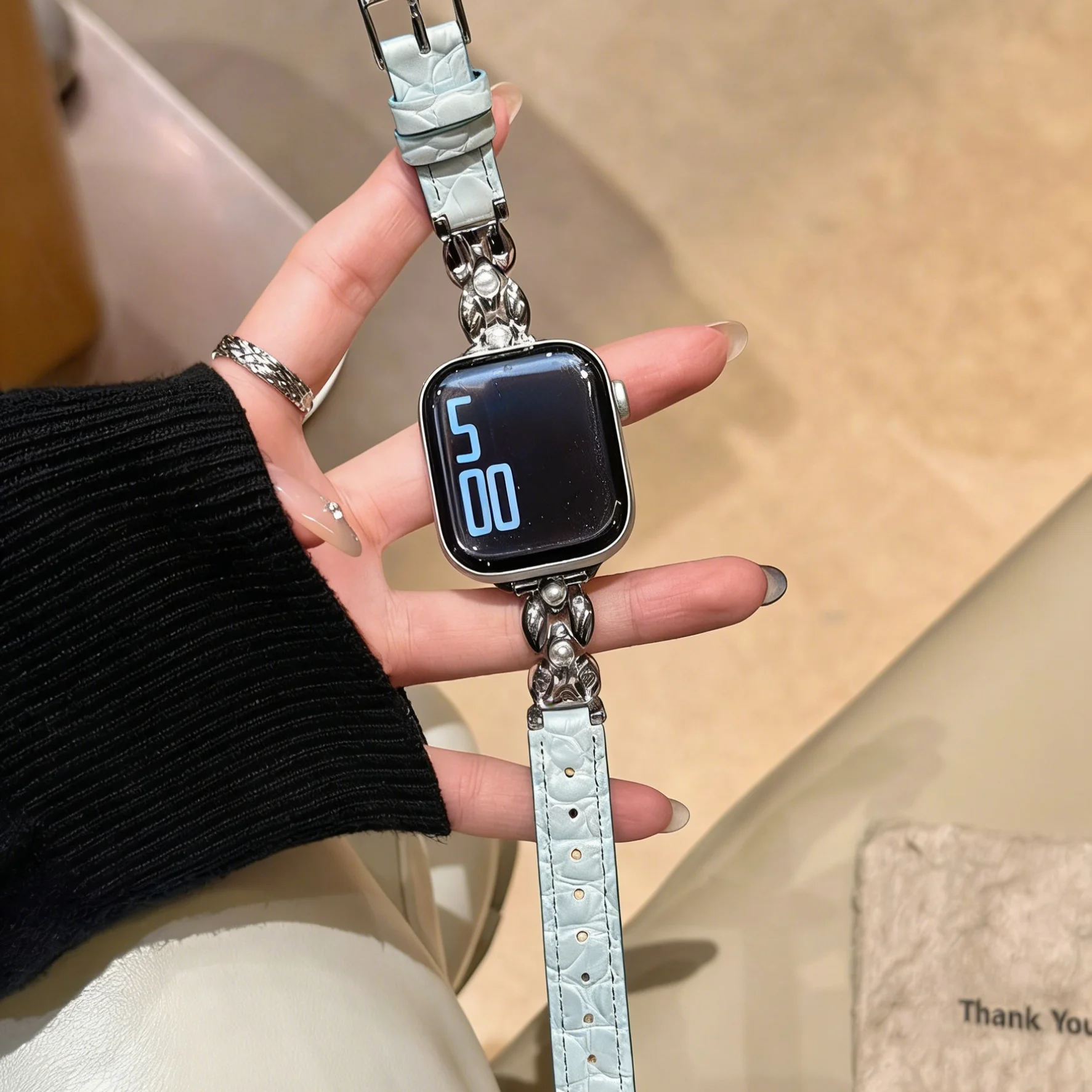 leather watch strap watch connected watch bracelet black watch belt  Women's wristwatch  Phone strap luxury crocodile grain