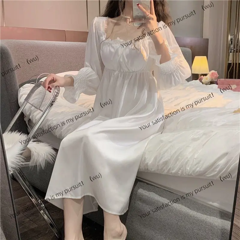 Damen-Pyjama mit langen Ärmeln, süßer koreanischer Pyjama, weißer Prinzessinnen-Pyjama für Frühling und Herbst