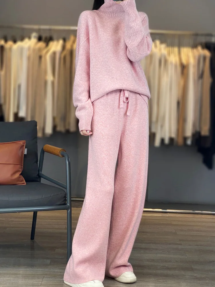 

Autumn Winter High Quality Wool Knitted Two Piece Set Women Solid Turtleneck Sweater and High Waist Wide Leg Pants Matching Sets