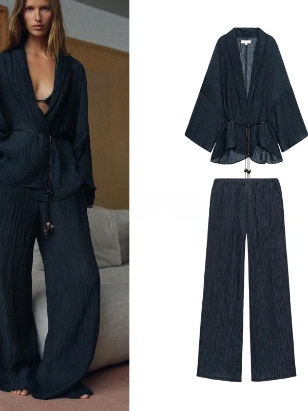 V-Neck Long Sleeve Jacket with Beaded Waist Belt High Waist Elastic Wide Leg Pants Fashion Set for Women Summer Workwear