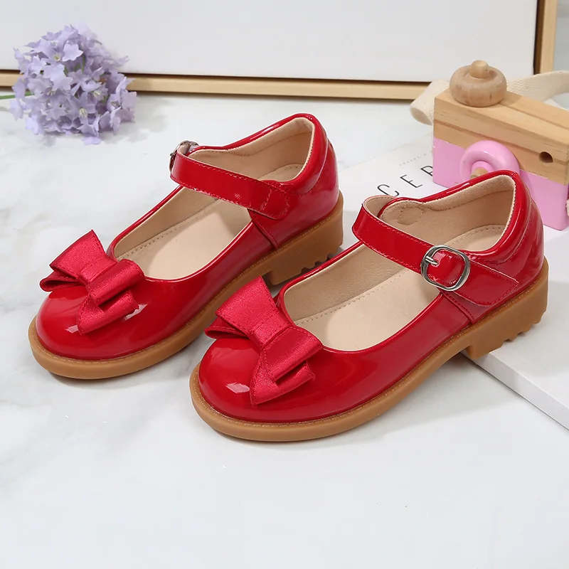 2023 New Spring and Autumn Simple Non-slip Girls Leather Shoes Drop Shipping Casual Princess Shoes Bow Solid Color Kids Shoes