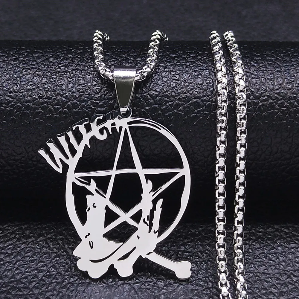 Witchcraft Pentagram Witch Candle Bones Stainless Steel Chain Necklaces for Women Wicca Pagan Necklace Jewelry chaine N8501S06