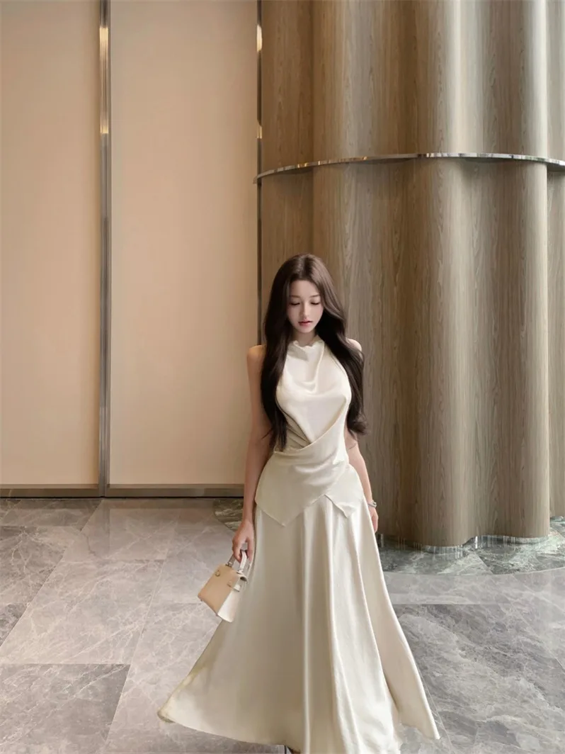 Ele Satin Women's Set High Waist ter Ne Vest And  Skirt Summer Faion Two-Piece Suit Pure Color Casual Wear