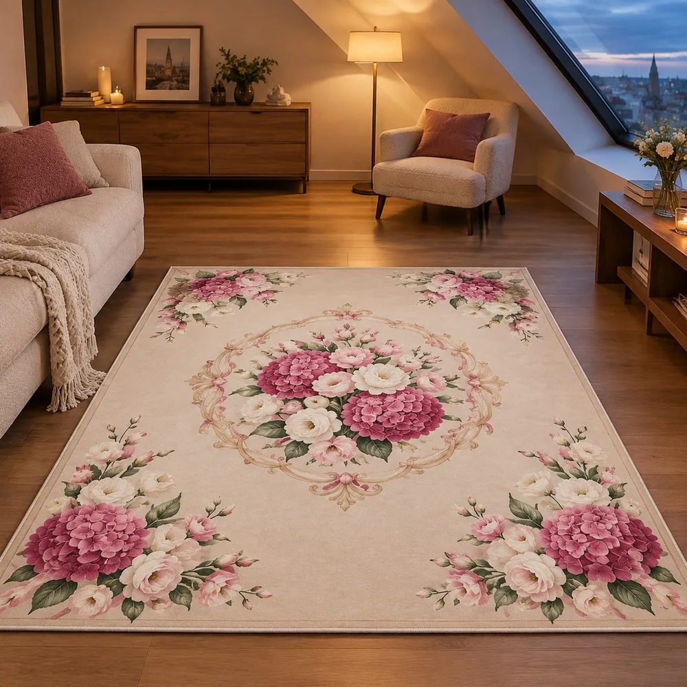 VIKAMA Rug Carpet Apricot Hydrangea Lisianthus Cluster Soft Anti Slip Living Room Entryway Sofa Guest Room Home Decoration
