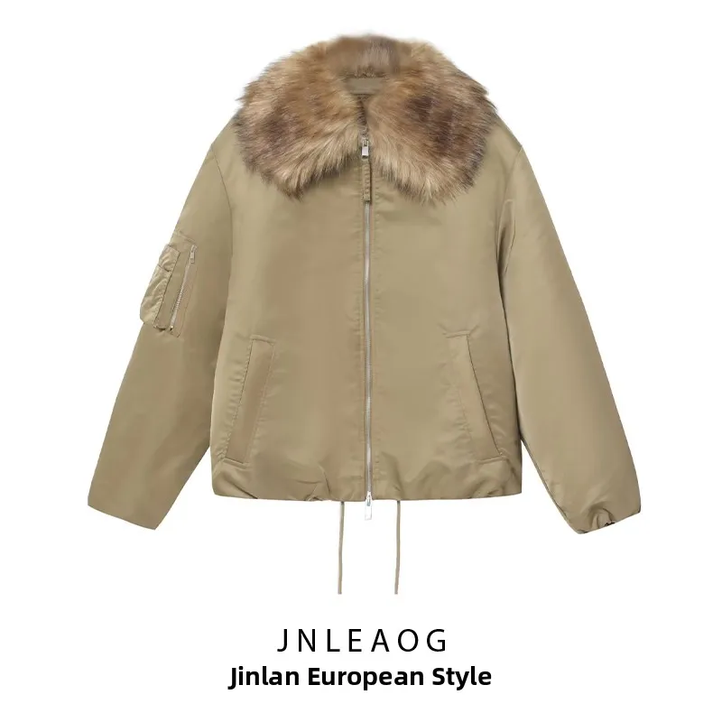 

JNLEAOG Autumn New Women's Fashion Artificial Fur Effect Stand Collar Pilot Jacket Coat Long Sleeve Commute Style Zipper Closure