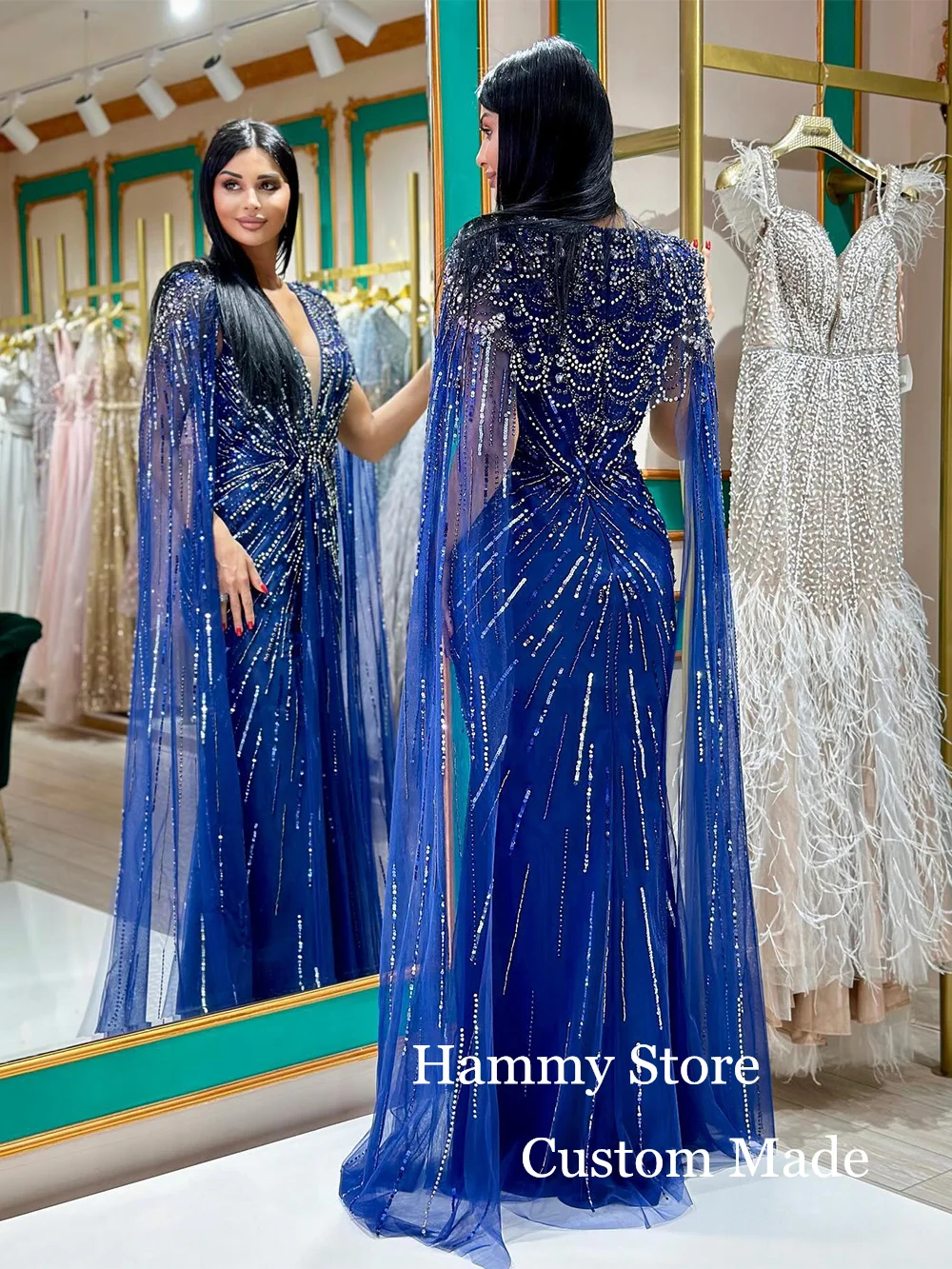 Saudi Arab Evening Dress Mermaid Beads Cape Customized Luxury V Neck Stones Crystal Wedding Party Gown Blue Pageant Prom Dresses