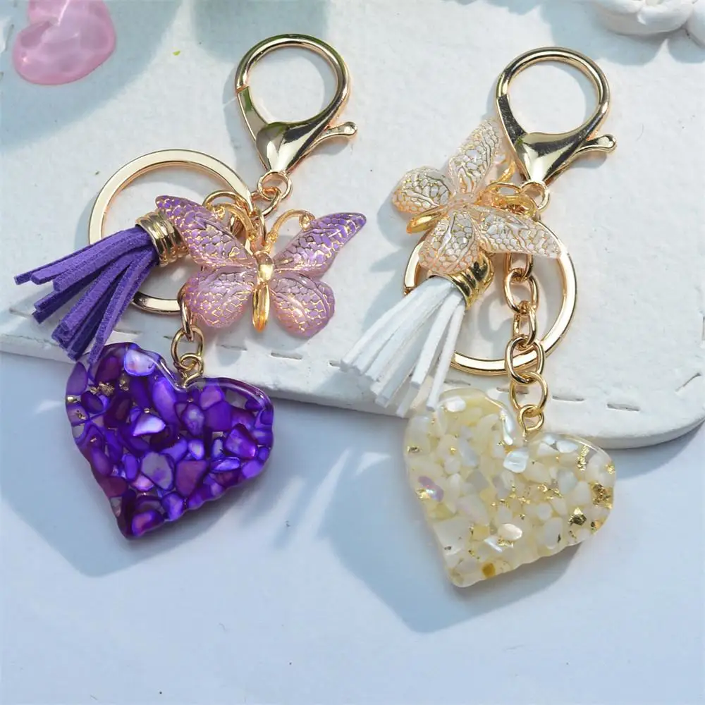 Fashion Heart Charms Keychains With Butterfly Tassel Shiny Stone Filled Resin Keyrings For Women Handbag Backpack Decor Ornament