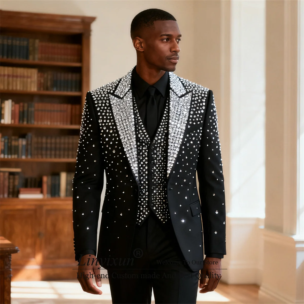 

High End Crystals Ornament Tuxedo Men Suits Customized Slim Fit Wedding Groom Blazers 3 Pieces Sets Tuxedos rajes para hombre