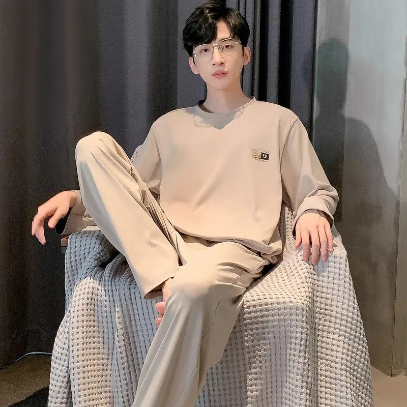 

New men gentleman Pajamas autumn imitation cotton loose round neck suit casual simple style Loungewear suit can be worn outside