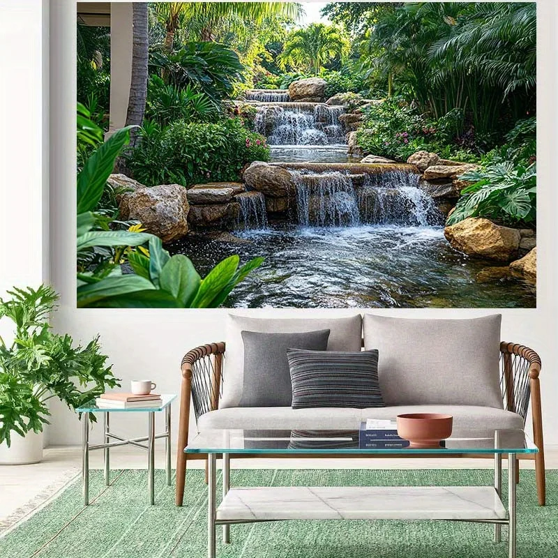 Tropical Jungle Waterfall Stream Tapestry 2D Flat Green Plant Nature Wall Hanging for Living RoomBathroom Zen Decor FabricPoster