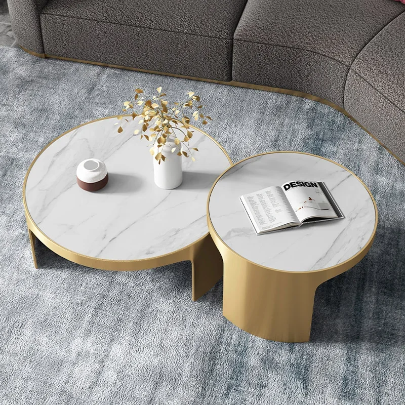 Italian marble coffee table round combination light luxury modern small apartment stainless steel gold image 6